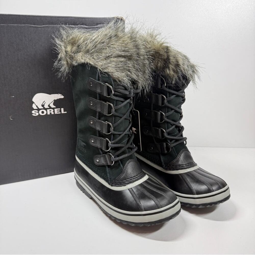 NIB Sorel Joan of Arctic Black Suede Leather Faux Fur Collar Winter Boots Sze 10